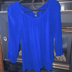 INC International Royal Blue Ruffled Eyelet 3/4 Sleeve Blouse Top Petites Size L